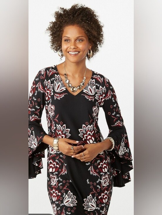 Roz & Ali Tops - Black Floral V-Neck Bell Sleeve Top